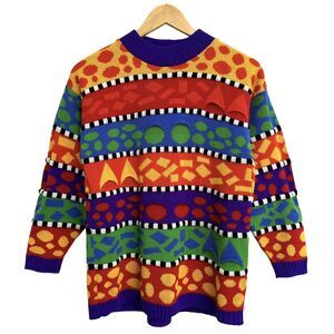 Vintage 80s 90s Knitwaves Sweater Small Colorful Rainbow Stripe Geometric Cosby